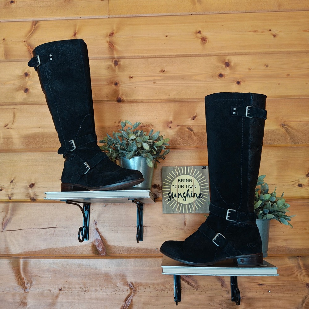 Ugg Cydnee Black Suede Leather Buckle Riding Boots Sheepskin Shoe 1001876 Sz 6.5